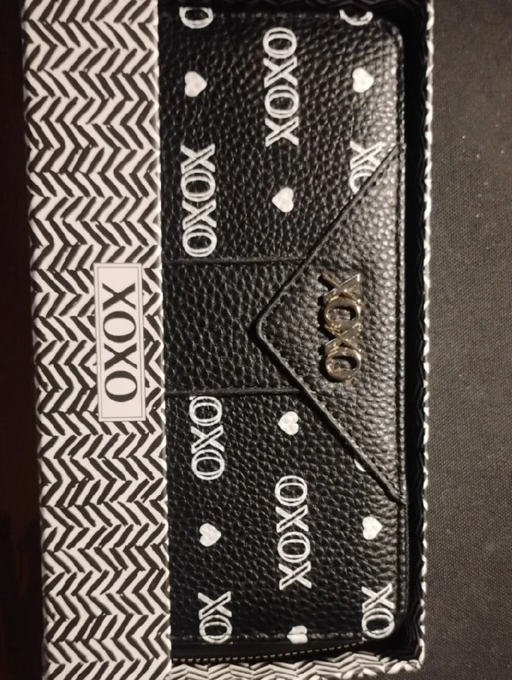 XOXO Black Wallet with White Heart & Logo Print